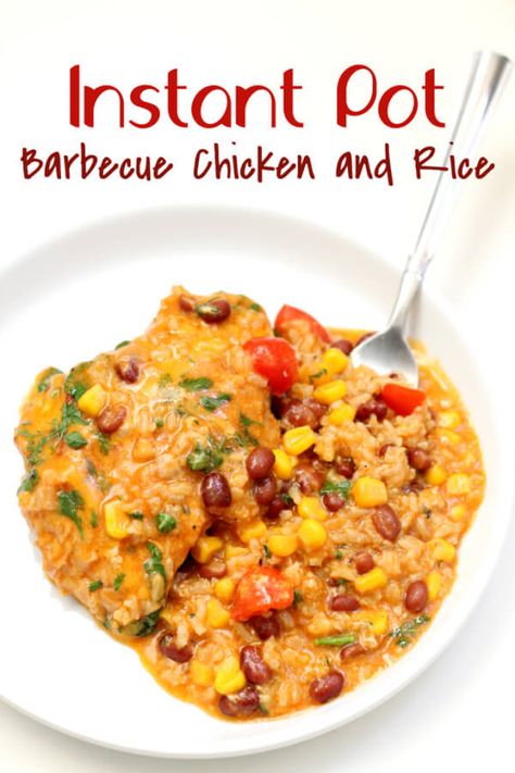 Instant Pot Barbecue Chicken and Rice—an easy one pot meal of saucy, cheesy chicken thighs with black beans, corn and rice. #instantpot #instapot #chicken Bbq Chicken And Rice, Instant Pot Barbecue Chicken, Chicken And Rice Instant Pot, Instant Pot Bbq Chicken, Fajita Rice, Cajun Sausage, Pot Accessories, Peanut Clusters, Cheesy Broccoli