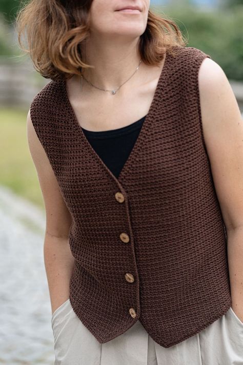 City Waistcoat: new crochet pattern | LillaBjörn's Crochet World Crochet Button Vest Pattern Free, Crochet Vest Pattern Free Woman Simple, Crocheted Vests For Women, Easy Crochet Vest Pattern Free For Women, Crochet Waistcoat Pattern Free, Sweater Vest Crochet Pattern Free, Crochet Collared Shirt, Crochet Vest Pattern Free Boho, Crochet Tips And Tricks