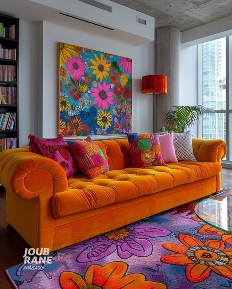 Orange Sofas Living Room Ideas, Orange Sofa Living Room, Orange Sofa Living Room Ideas, Rainbow Rooms, Blue And Orange Living Room, Pop Art Living Room, Artistic Living Room, Bold Wall Art, Bold Living Room