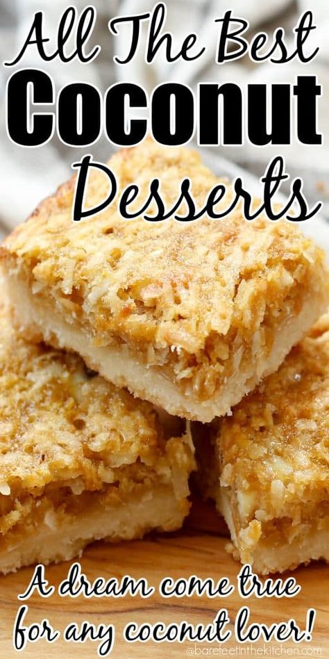 All The Best Coconut Desserts - guaranteed to thrill any coconut lover! Homemade Coconut Ice Cream, Coconut Cream Pie Easy, Coconut Recipes Dessert, Coconut Pound Cakes, Oatmeal Coconut Cookies, Chocolate Chip Pecan Cookies, Coconut Dessert, Bite Size Cookies, Bars And Squares