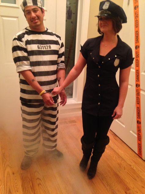 Jailbird & Cop Hot Cop And Prisoner Costume, Police Woman And Prisoner Costume, Cop And Jailer Costume Couple, Cop Prisoner Costume Couple, Couples Costumes Cop And Prisoner, Tshirt Dress, Halloween Costumes, Shirt Dress, T Shirt