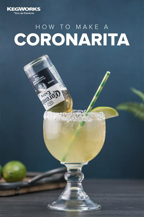 The Coronarita saves us from making a difficult decision of what to drink when Taco Tuesday or Cinco de Mayo rolls around. Instead of choosing between a Margarita or Corona, you can have both mixed together in a blissful combination of tequila, triple sec, lime juice and beer. Jose Cuervo Margarita Mix Recipe Tequila, Corona Beer Margarita, Beer And Tequila Drink, Coronarita Recipe Beer Margaritas, Beeritas Beer Margaritas, Beer Rita Recipe, Corona Beer Cocktails, Margarita With Beer, Beer Cocktails Recipes