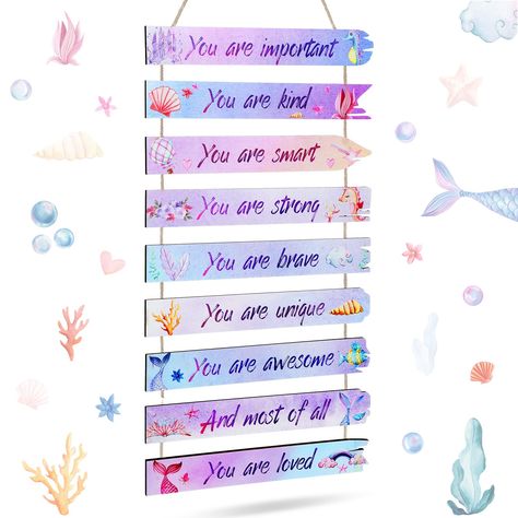 PRICES MAY VARY. Watercolor Mermaid Wood Wall Hanging: you will receive 1 piece of room decoration for teen girls in 9 different colors in 9 connected wood boards, various colors can support your use and decoration needs in daily life Sturdy and Reliable: the room decor for girls is mainly made of quality wood material, with bright and clear printing, not easy to break, deform or fade, well polished and no burrs, strong and safe, can serve you for a long time Distinctive and Delicate Design: the Mermaid Room Ideas Kids, Mermaid Theme Room, Mermaid Girls Room, Room Wall Decor Aesthetic, Mermaid Decor Bedroom, Art Room Wall, Mermaid Room Decor, Pretty Living Room, Teens Bedroom