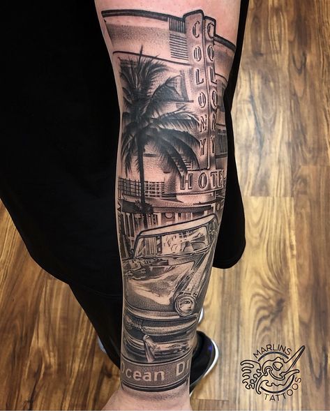 Ocean drive theme Miami tattoo. Realistic single needle technique. #oceandrive #miamitattoo #MarlinsTattoos. Miami's best tattoo experience. Appointments info: www.instagram.com/marlinstattoos/ Florida Tattoos For Men, Miami Heat Tattoo Ideas, Miami Palm Tree Tattoo, Miami Tattoo Ideas Men, Miami Ink Tattoos, Florida Tattoos, Miami Ink, Miami Tattoo, Tattoo Spots