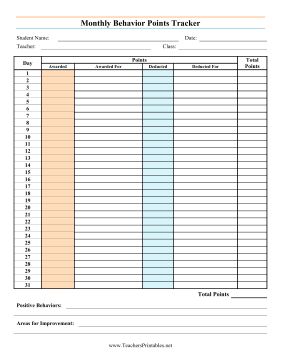 The orange column of this classroom behavior tracker records points a student earns for good work, while the blue column is for points deducted. Free to download and print Behavior Tracker, Classroom Behavior, Teacher Tools, A Student, Tools, Orange, Quick Saves, Blue