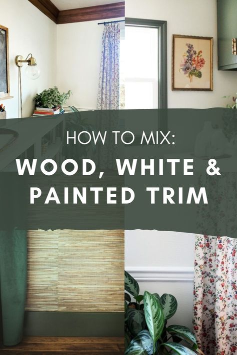 Mix Wood And White Trim, Wood Door With White Trim, Wood And White Trim, Modern Cottage Exterior, Stained Wood Trim, Modern Cottage Decor, Wood Crown Molding, Stained Trim, Blue Grey Walls