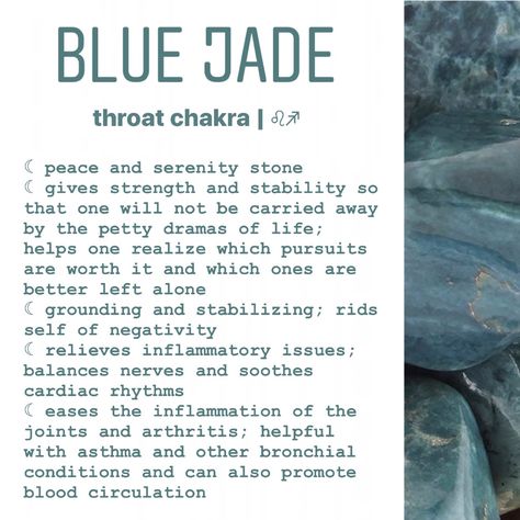 blue jade meaning Jade Meaning, Crystal Healing Chart, Earth Gift, Jade Crystal, Blue Jade, Crystals Healing Properties, Crystal Therapy, Meditation Crystals, Crystal Healing Stones