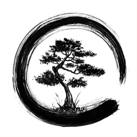 Enso zen circle and bonsai tree hand bru... | Premium Vector #Freepik #vector #forest-sketch #tree-doodle #etching #tree-line-art Bodhi Tattoo, Circular Tattoo Designs, Bonsai Tattoo, Bonsai Tree Tattoos, Zen Tattoo, Circular Tattoo, Round Tattoo, Japanese Bonsai Tree, Zen Circle