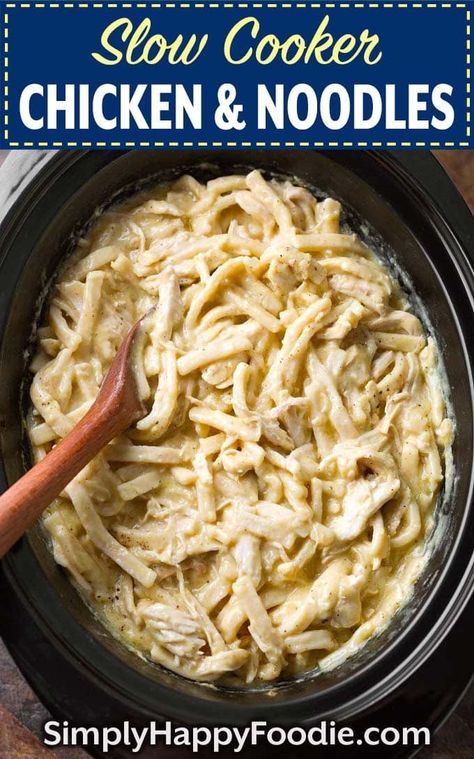 Slow Cooker Chicken and Noodles are pure comfort food! These comforting chicken and noodles are a classic meal that will feed a hungry bunch! It doesn't get much easier than this delicious comforting crock pot chicken and noodles recipe! simplyhappyfoodie.com #chickenandnoodles #crockpotchickennoodles #slowcookerchickennoodles Comforting Chicken And Noodles, Slow Cooker Chicken And Noodles, Crock Pot Chicken And Noodles, Crockpot Chicken Noodle Soup Recipes, Easy Chicken And Noodles, Chicken And Noodles Recipe, Crockpot Recipes Mexican, Easy Crockpot Recipes Healthy, Crockpot Chicken And Noodles