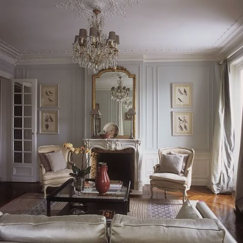 Haven in Paris~botanicals, gilt mirror, boiserie, billowing silk curtains, parquet floor, fireplace, chandelier and bergeres. Haussmannian Apartment, French Style Apartment, Living Room Decor Country, Parisian Decor, French Country Living, French Country Living Room, Country Living Room, Paris Apartments, French Decor