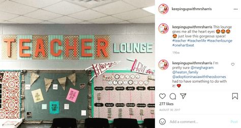 20 Inspiring Teachers' Lounge and Workroom Ideas - WeAreTeachers Staffroom Ideas Teacher Lounge Bulletin Boards, Staffroom Ideas, School Staff Room, Staff Lounge Makeover, Teacher Lounge Ideas, Teacher Lounge Makeover, Teachers Lounge Decor, Staff Room Ideas, Teacher Workroom