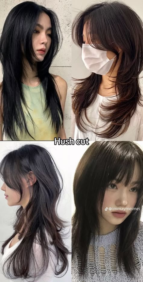 Hush Haircut Tutorial, Wide Jaw Haircut Women, Falco Haircut, Fleco Haircut, Disconnected Layers Long Hair, Wolf Cut Long Vs Butterfly Cut, Hair Styles Names, Hush Cut With Bangs, Hush Haircut