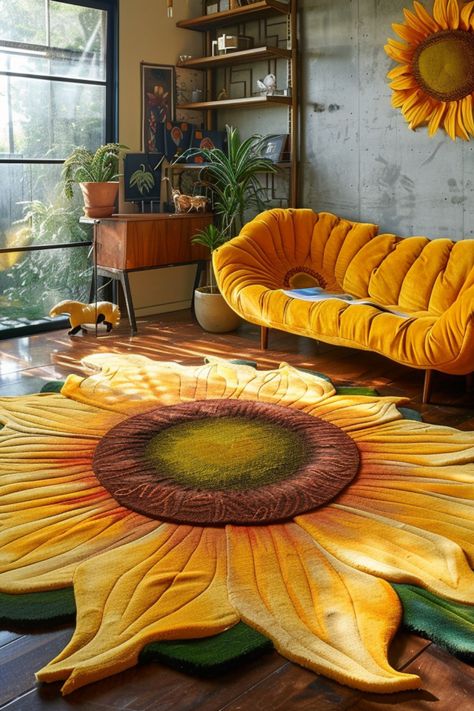 Add a touch of sunshine to your home with these vibrant giant sunflower rugs! 🌻💫 Transform your space with cheerful colors and whimsical designs. #SunflowerRugs #HomeDecor #InteriorInspiration #BrightSpaces #CheerfulVibes Sunflower Living Room, Giant Sunflower, Living Room Upholstery, Yellow Sunflower, Nature Indoors, World Of Interiors, Floor Coverings, Interior Inspiration, Interior And Exterior