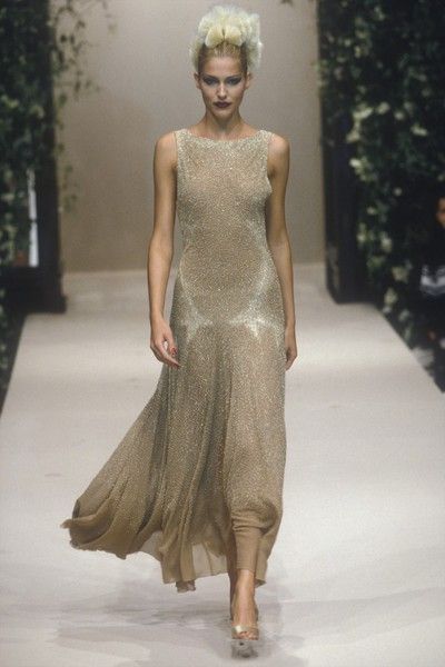 Pierre Balmain, Autumn-Winter 1997, Couture | Europeana Balmain Haute Couture, Balmain Couture, Balmain Designer, Original Supermodels, 90's Fashion, Pierre Balmain, Sheer Dress, Gold Fashion, Classy Dress