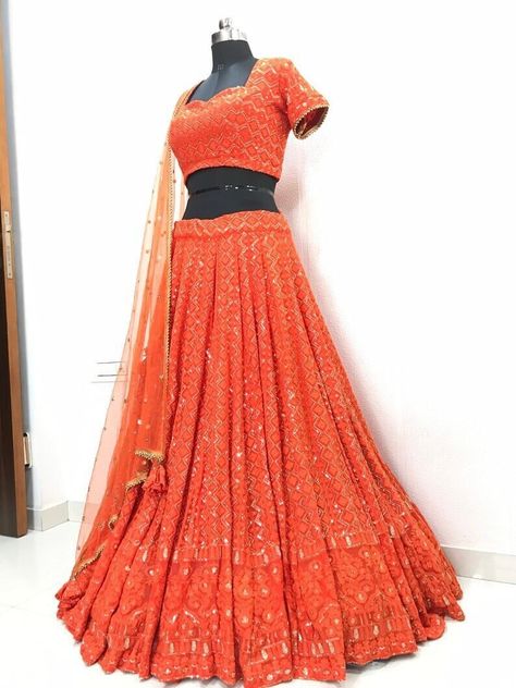 Sabyasachi Orange Color lucknowi chikankari indian designer Lehenga Choli, wedding bridal lehenga bridesmaid lehenga, Indian Made To Measure Asain Wedding, Indian Designer Lehenga, Badla Work, Shadow Embroidery, Chikankari Lehenga, Lehenga Bridesmaid, Lehenga Indian, Bridesmaid Lehenga, Indian Bridesmaids