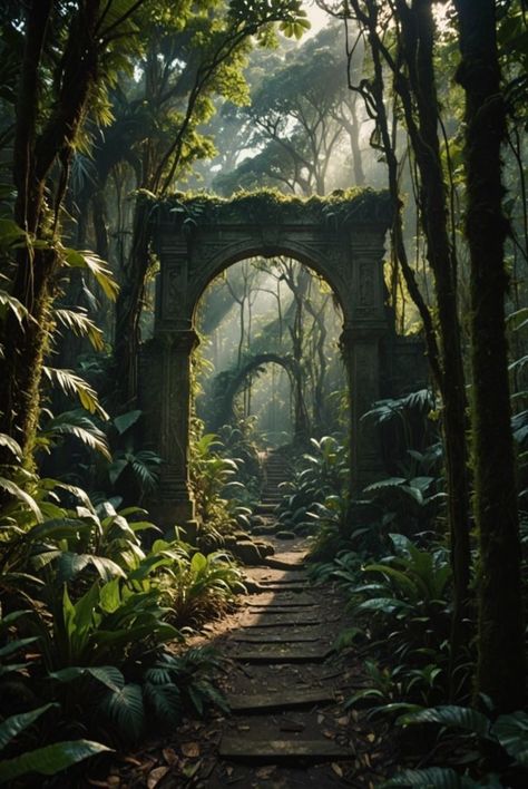 Gate Aesthetic, Jungle Temple, Forest Gate, Landscape Model, Adventure Aesthetic, Fantasy Places, An Aesthetic, Matte Painting, Fantasy Aesthetic