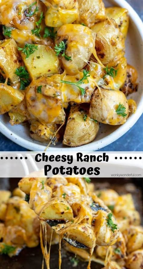 This Cheesy Ranch Potatoes Recipe is a super simple side dish idea. Potatoes tossed with dry ranch mix then roasted. Top with melty cheese for the ultimate comfort food! #ranchpotatoes #potatorecipes #sidedishideas #sidedishrecipes #potatosidedishes #cheesyrecipes Ranch Potato Recipes, Cheesy Ranch Potatoes, Dry Ranch Mix, Cheesy Ranch, Ranch Potatoes, Ranch Mix, Potato Recipes Side Dishes, Potato Sides, Melty Cheese