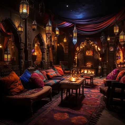 Underground Home Aesthetic, Fantasy Temple Interior Concept Art, Romani Room, Harem Room Decor, Medieval Bedroom Decor, Fantasy Game Room, Underground Room Ideas, Harem Room, Lounge Aesthetic