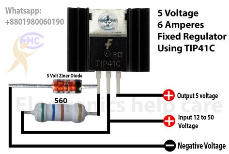 This is a circuit diagram to make strong 5 voltage. normally we use 7805 to make 5 voltage for audio Bluetooth cards or others. but 7805 makes 500ma amperes. but sometimes we need 2 amperes. then we can use this circuit. this circuit can make 6 amperes. TIP41c is an NPN transistor. this transistor runs with 100 volts and 6 amperes. the transistor will make hot. for this, we use a heatsink. Electronics Projects For Beginners, Heatsink Design, Crt Tv, Diy Amplifier, Electronic Circuit Design, Volt Ampere, Electronic Circuit, Diy Electrical, Mobile Charger