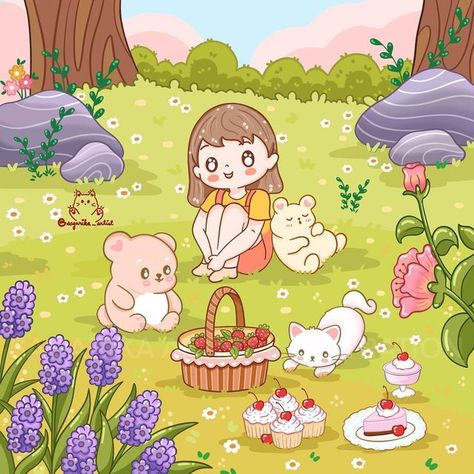 Kawaii Picnic Drawing, Cute Picnic Illustration, Kawaii Picnic, Picnic Drawing, Cozy Drawing, Picnic Illustration, Picnic Planning, Cute Picnic, Kawaii Summer