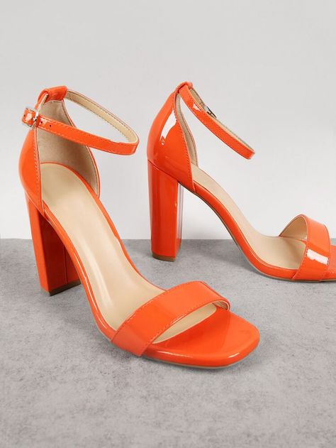 Patent Open-Toe Block Heels | SHEIN USA Orange Block Heels, Hoco Heels, Cotillion Dresses, Bright Colored Heels, Grad Outfits, Heels Aesthetic, Orange Heels, Orange Shoes, Open Toed Heels