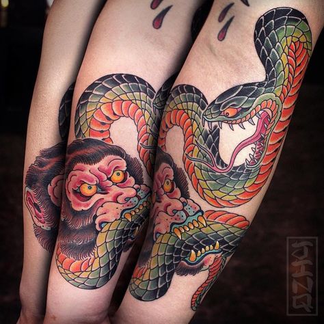 Crow Tattoos, Japanese Snake, Traditional Snake, Japanese Monkey, Reptile Scales, Japanese Snake Tattoo, Mythological Stories, Monkey Tattoo, Chris Garver