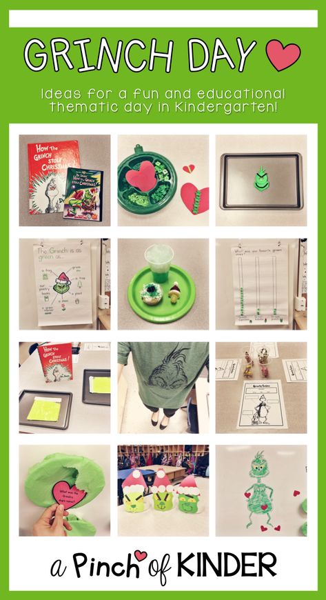 On the last day before break we had our first ever Grinch Day! I first read about Grinch Day on Cara's blog "The First Grade Parad... Prek Grinch Day, Grinch Classroom Party, Chanukah Crafts, Christmas Tag Printable, Grinch Day, First Grade Parade, Ideas For Kindergarten, December Kindergarten, Grinch Christmas Party