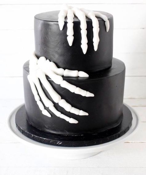 Halloween black and white skeleton hands cake by Blossom & Crumb Skeleton Cake Birthday, Skeleton Birthday Cake, Haloween Cakes, Skeleton Birthday, Skeleton Cake, Birthday Cale, Horror Cake, Halloween Torte, Spooky Birthday