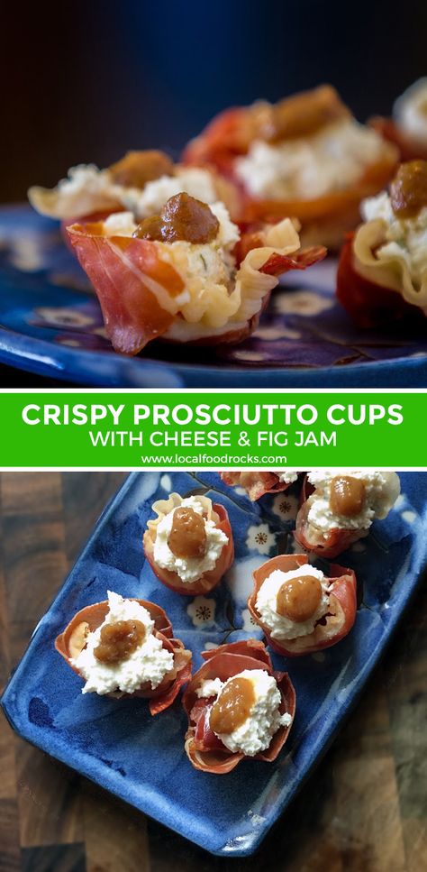 Goat Cheese And Prosciutto, Prosciutto Cups With Goat Cheese, Prosciutto Goat Cheese, Crispy Prosciutto, Fig Goat Cheese Prosciutto Appetizers, Goat Cheese And Prosciutto Crostini, Fig Goat Cheese Prosciutto, Ricotta Prosciutto Crostini, Prosciutto Appetizer