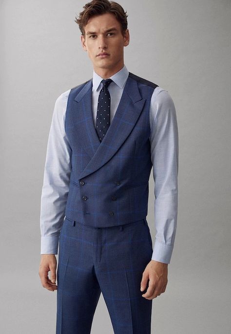 Formal Casual Outfits, Men's Business Casual Style, Mens Vest Fashion, Wool Waistcoat, Hawes And Curtis, Waistcoat Men, Fashion Business Casual, Blue Vests, Stylish Mens Outfits