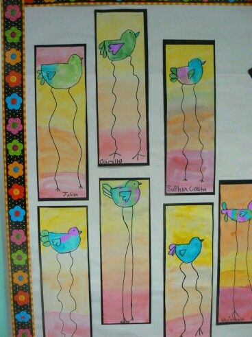 Long leg birds 1st Grade Art Projects, Art 2nd Grade, 1st Grade Art, Grade 1 Art, Classe D'art, First Grade Art, Spring Art Projects, 2nd Grade Art, 3rd Grade Art