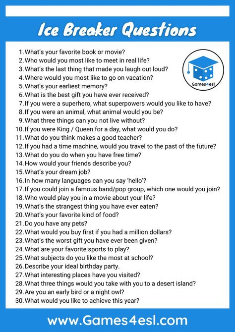 ice breaker questions Ice Breaker For Teachers, 20 Get To Know You Questions, Questions To Ask Your Students, 30 Questions To Get To Know Someone, First Day Questions, Dice Breaker Questions, Get To Know Ice Breakers, Get To Know Your Team Questions, 30 Questions