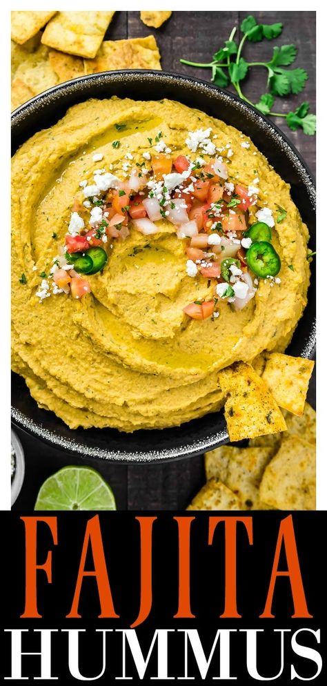 Fajita Hummus | Savory, smoky and slightly spicy, this flavorful Hummus tastes exactly like everything you love about fajitas, just blended into healthy, creamy, dreamy dip form!  Get creative with your fajitas and turn them into a drool-worthy dip! #fajita #hummus #dip #appetizer #healthy #snack #recipe #Mexican via @nospoonn Healthy Party Appetizers, Fajita Spices, Hummus Recipe Homemade, Healthy Afternoon Snacks, Healthy Appetizer Recipes, Bread Snacks, Just Eat It, Hummus Recipe, Healthy Appetizers