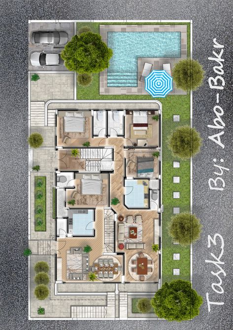 A Fully Furniture ground Floor Plan With Photoshop Landscape Photoshop Render Plan, Plan Presentation Architecture Photoshop, Site Plan Autocad, Site Plan Render Photoshop Architecture, Landscape Design Top View, Photoshop Rendered Plans, Photoshop Plan Render, Photoshop Floor Plan, Landscape Floor Plan