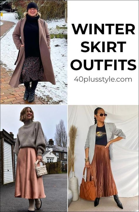 Winter skirt outfits - how to style your skirts in colder weather | 40plusstyle.com Long Skirt With Sweater Outfit Winter, Skirts With Boots For Winter, Long Dresses Casual Winter Maxi Skirts Fall Outfits, Winter Midi Skirt Outfit Cold Weather, Winter Maxi Skirt Outfit Cold Weather, Cream Skirt Outfit Winter, Mid Skirt Outfits Winter, How To Wear Skirts In Winter, Skirt And Sweater Outfit Winter