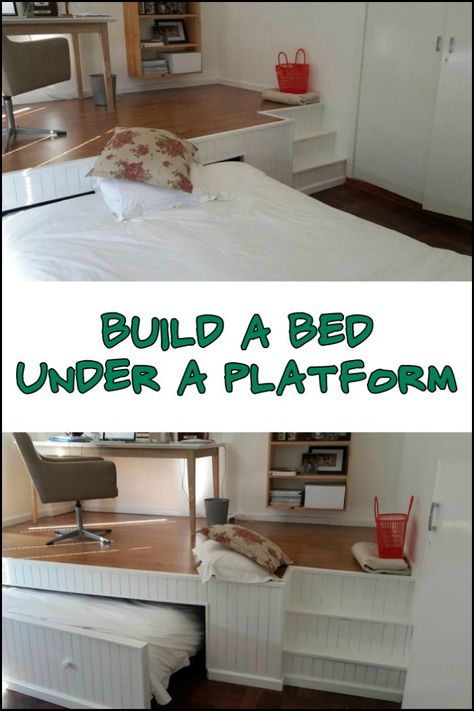 By putting a pull-out bed under a platform, you can effectively double the usable area of the room! Is this the solution you need for your bedroom? Roll Out Bed, Platform Bedroom, Home Decor Wallpaper, Living Space Decor, Built In Bed, Hidden Bed, Attic Renovation, Attic Spaces, Pull Out Bed