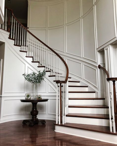 Floor To Ceiling Wainscoting, Curved Staircase Foyer, Ceiling Wainscoting, Foyer Remodel, Staircase Molding, Foyer Makeover, Staircase Paneling, Stair Paneling, Foyer Stairs