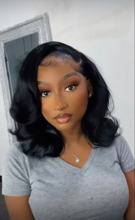 Shoulder Length Wigs For Black Women, Side Part Frontal Wig With Curls Short, Mid Length Wigs For Black Women, Lob Wig Black Women, Wavy Bob Wig Black Women, Frontal Bob Curled, Short Black Lace Front Wig, Curly Bob Hairstyles For Black Women, Lace Hairstyles