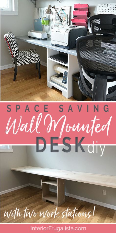 Home Office Floating Desk, Floating Desk Ideas, Diy Makeover Ideas, Diy Floating Desk, Mounted Desk, Desk Idea, Diy Space Saving, Double Desk, Basement Ideas On A Budget