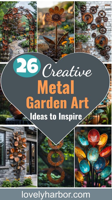 26 Easy Metal Garden Art Ideas To Inspire 2 Metal Outdoor Decor Yard Art, Lawn Art Garden Decorations, Diy Metal Garden Art, Rebar Art Ideas, Easy Metal Art Projects, Metal Yard Art Ideas, Metal Garden Art Ideas, Lux Home Decor, Rusty Metal Garden Art