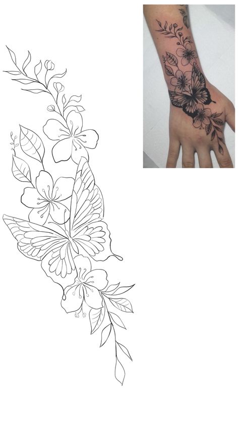 Flower Hand Tattoo Stencil, Magnolia And Butterfly Tattoo, Wrist Tattoos For Women Stencil, Butterfly Flower Tattoo Stencil, Inside Forearm Tattoo Women Sleeve, Hand Tattoos For Women Flowers, Hand Tattoos For Women Stencils, Feminine Arm Tattoos For Women, Half Sleeve Tattoo Designs Sketches