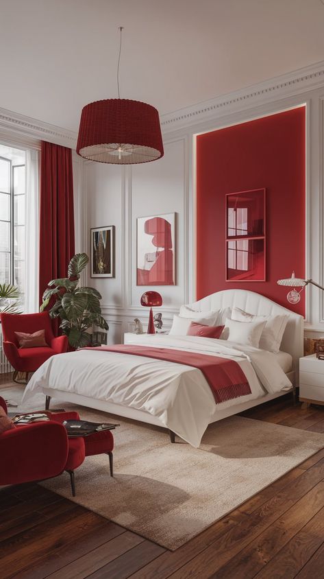 Immerse yourself in this stunning modern bedroom where luxury meets coziness! The crisp white bed and walls create a serene canvas, while a striking red accent wall brings life and energy to the space. With a chic red chair and lampshade, this room balances style and comfort beautifully. A soft beige rug and elegant white nightstand add warmth, while hardwood floors and curated artwork elevate the design. #homedecore #homedesign #bedroomdecor #bedroomredo #bedroominspo #homedecorinspo Red White Bedroom, Aphrodite Design, Red And White Bedroom, Red Bedrooms, Red Room Decor, Red Interior Design, Red Accent Wall, Red Bedroom Decor, Black Bedroom Decor