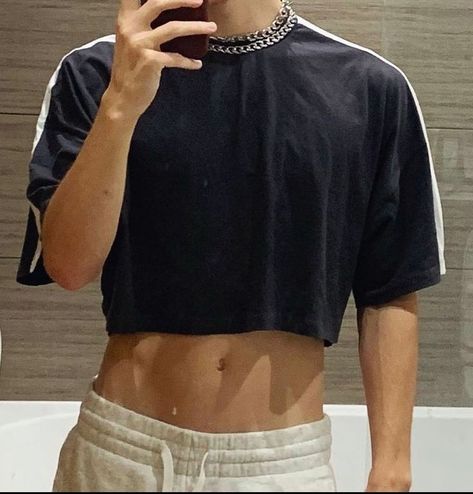 Male In Crop Top, Men Outfits Crop Top, Black Crop Top Men, Crop Top Men Aesthetic, Men In Crop Tops Aesthetic, Male Crop Top Aesthetic, Boy Crop Top Aesthetic, Man In Crop Top, Crop Top Hombre