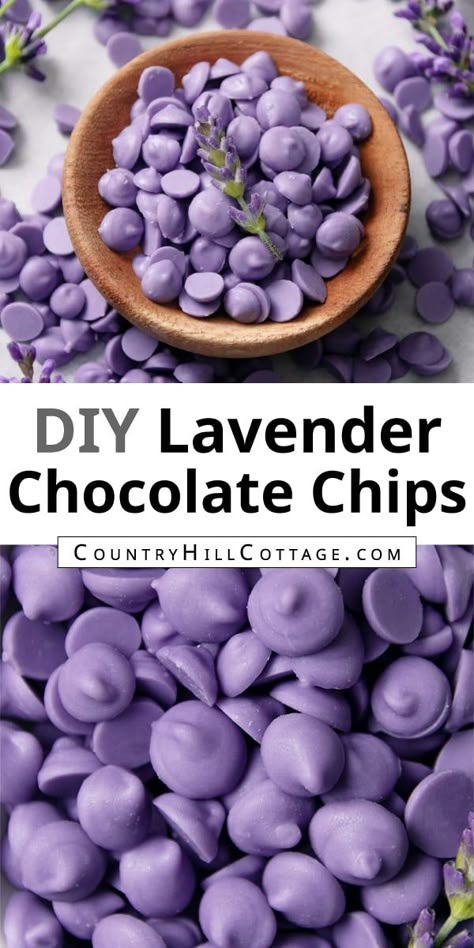 Learn how to make homemade lavender chocolate chips at home and use them in your favorite treat recipes, baked goods and desserts. There is so much you can do with DIY lavender chocolate chips! Add them to cookies, cake, muffins, bread, scones, ice cream, granola bars, pancakes, snack mixes,… you name it! The recipe is easy to make with 4 ingredients. They include white chocolate, coconut oil or shortening, purple food coloring and food grade lavender oil. | CountryHillCottage.com Baking Recipes Lavender, Recipes With Dried Lavender, Kitchen Witch Baking Recipes, Lavender Recipes Baking, Diy Chocolate Chips, Lavender Fudge, Aesthetic Desserts Recipes, Lavender Cookies Recipe, Recipes Using Lavender