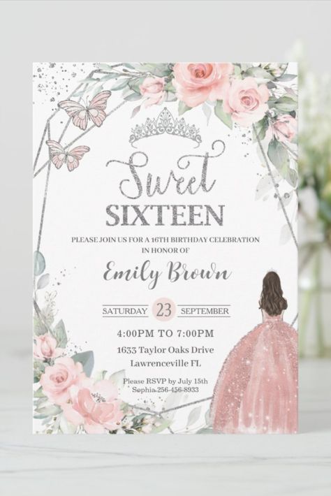 Sweet 16 Sixteen Blush Pink Floral Silver Birthday Invitation! #birthday #happybirthday #birthdaycards #birthdayparty #turningsixteen #16thbirthday #sweetsixteen #floral Sweet 16 Party Ideas Themes Pink, Light Pink Sweet 16, Sweet 16 Invitation Templates, Sweet 16 Birthday Invitations, Pink Floral Invitation, Sweet 16 Party Decorations, Pink Sweet 16, Sweet 16 Decorations, 16th Birthday Invitations