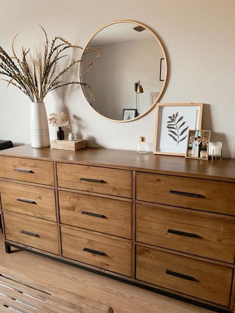 Earthy Bedroom Dresser, Bedroom Dresser 2023, Decorate Top Of Dresser Ideas, Dresser Master Room, Dresser Wall Ideas, Mismatched Dressers In Bedroom, 2 Dressers In Bedroom, Long Dresser Bedroom, Two Dressers In Bedroom