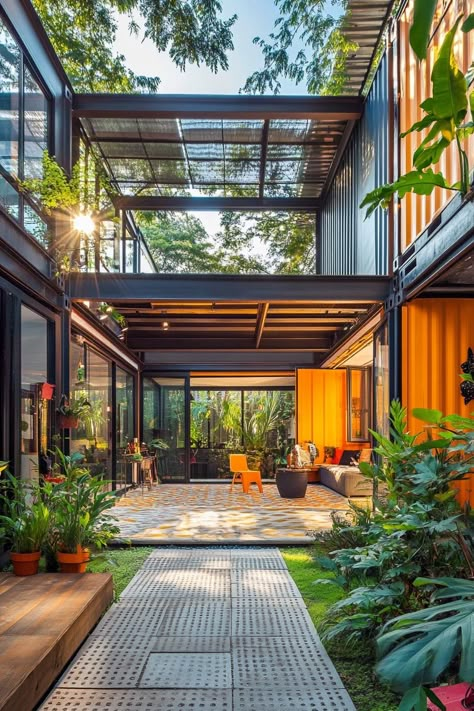 Shipping Container Courtyard, Container Home Courtyard, Interior Design Container Home, Two Bedroom Container House, Container Home With Courtyard, Container House With Courtyard, 4 Bedroom Container Home, Big Container House, Large Container Homes