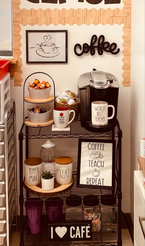 Cozy School Office Ideas, Break Room Coffee Station, Daycare Break Room Ideas, Staff Room Coffee Station, Coffee Bar Ideas At Work, Coffee Station Work Offices, Coffee Room Decor, Cosy Staff Room Ideas, Zen Break Room Ideas