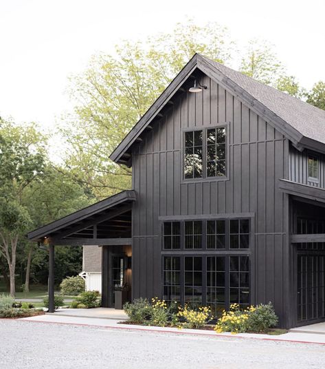 The Modern Black Barn at Spain Ranch provides the perfect setting for small weddings and elopements Black Houses, Black Barn, Modern Barn House, Lots Of Windows, Modern Farmhouse Exterior, Shed Homes, Barn Style House, Exterior Ideas, Black House Exterior