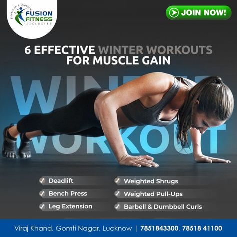 Effective Winter Workouts for Muscle Gain. . -------- To book your workout slot call us at +91-7851843300,78518 41100 . . #Lucknowgym #gyminlucknow #fusionfitness #bestgyminLucknow #fitnesscenter #workout #fitness #gym #gymmotivation #gymlover #gymlife #workoutmotivation #dailymotivation #dailyworkout #viralpost #trending #bodybuilding #abs Workouts For Muscle Gain, Gym Creative Ads, Workouts For Muscle, Gym Ads, Gym Creative, Hotel Marketing Design, Gym Banner, Hotel Marketing, Instagram Profile Picture Ideas